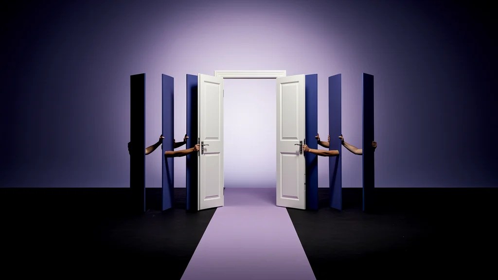 Minimal dark studio with a matte black floor and a spacious indigo-to-periwinkle background gradient.