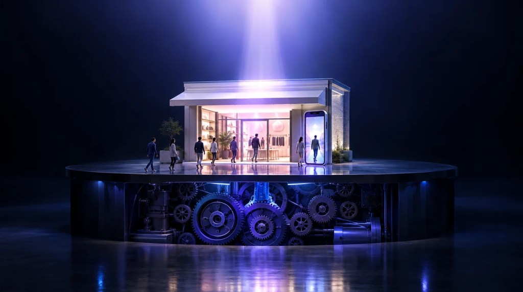 A dark studio with an isolated cutaway neighborhood storefront on a clean reflective platform.