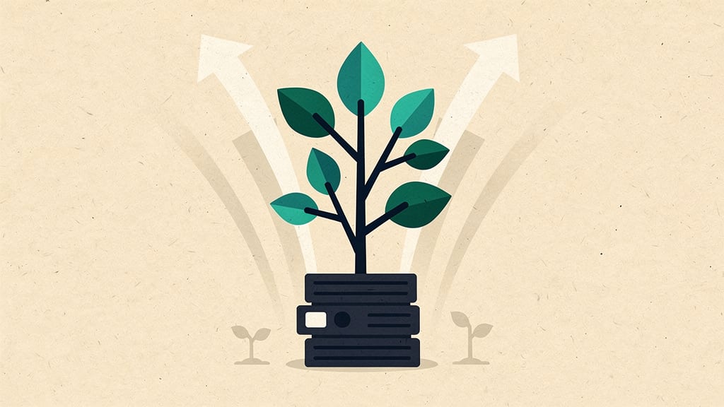 Plant with green leaves growing from a stack of black books with upward arrows behind