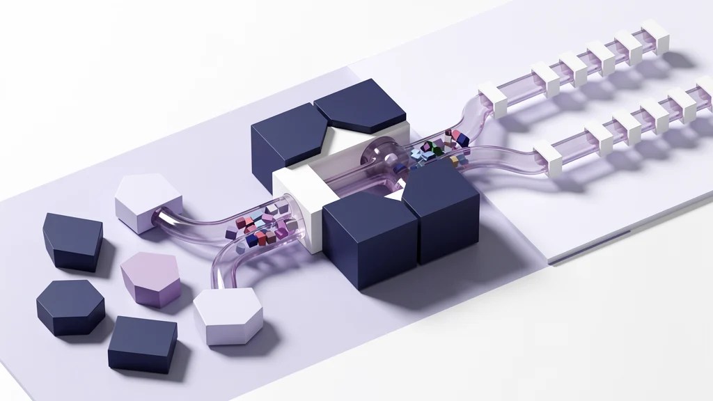 A faceted writing tool channels distinct colored voice fragments through a branching mechanism, producing a polished passage with increasingly consistent form.