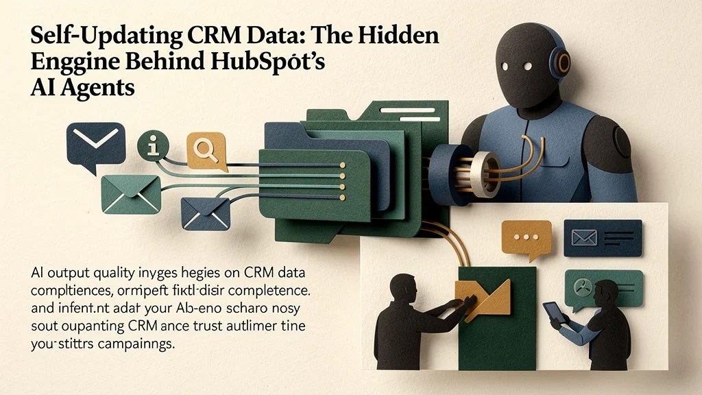 Editorial illustration interpreting Self-Updating CRM Data: The Hidden Engine Behind HubSpot's AI Agents