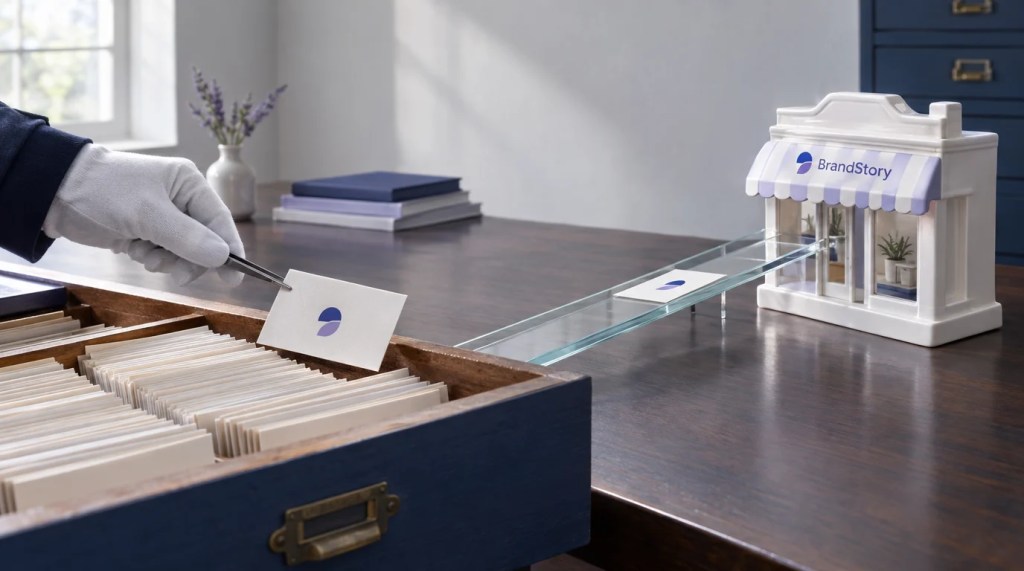 A quiet archival workroom with a dark wood table, pale plaster wall and restrained indigo storage drawers.