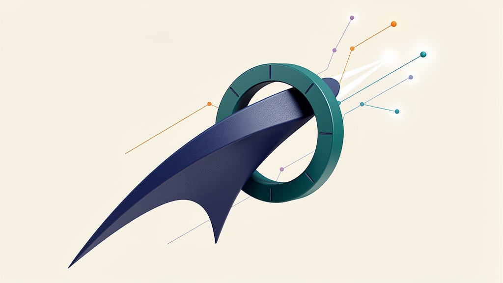 Dark blue sculptural arrow piercing teal ring with colored signal lines on beige background