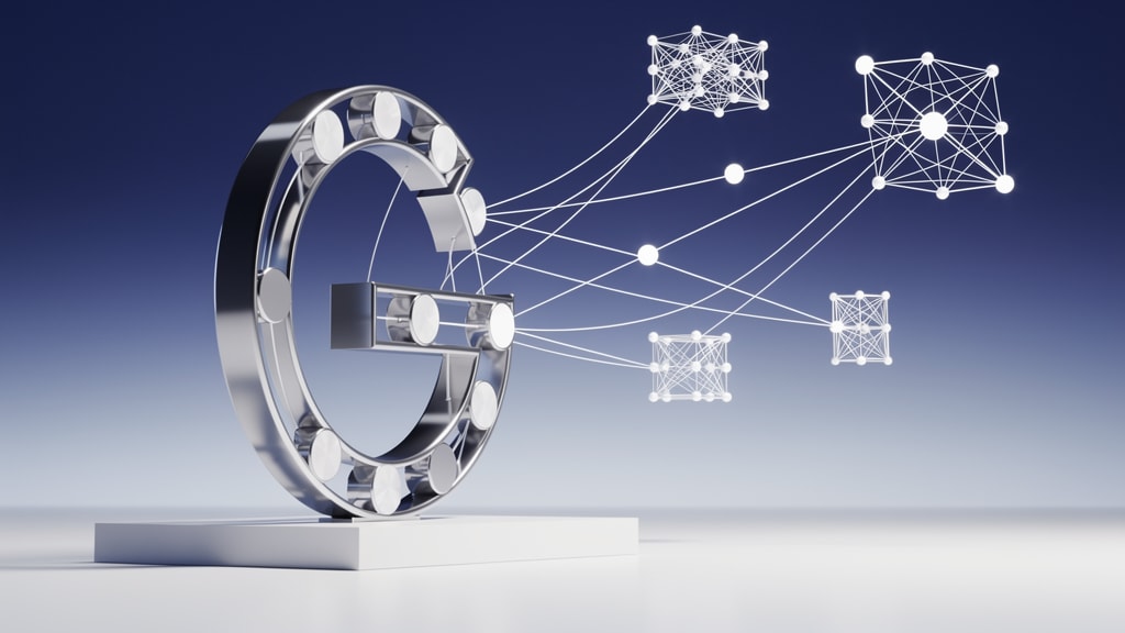 Google editorial illustration showing metallic G sculpture connected to white network nodes on blue gradient background