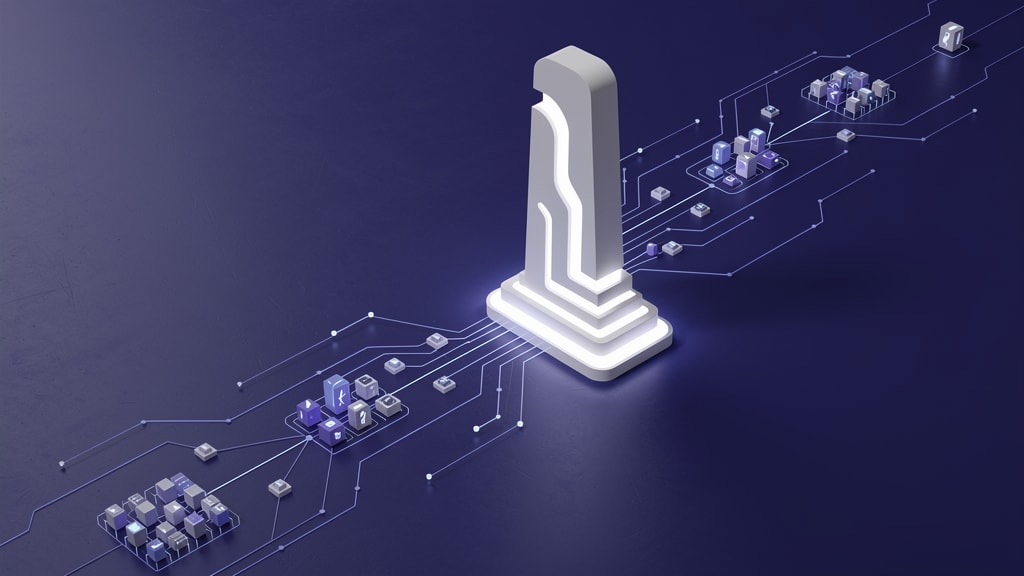Ahrefs editorial illustration showing glowing sculptural pillar connected by lines to clusters of illuminated cubes on dark