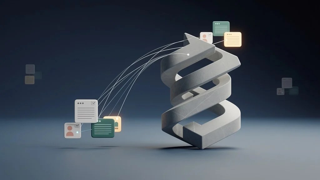 Link Whisper editorial illustration showing sculptural twisted symbol connected by thin lines to floating document and